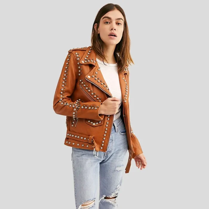 Women Studded Tan Leather Biker Jacket