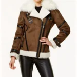 Women's Brown Bomber Asymmetrical Shearling Leather Jacket