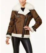 Women's Brown Bomber Asymmetrical Shearling Leather Jacket