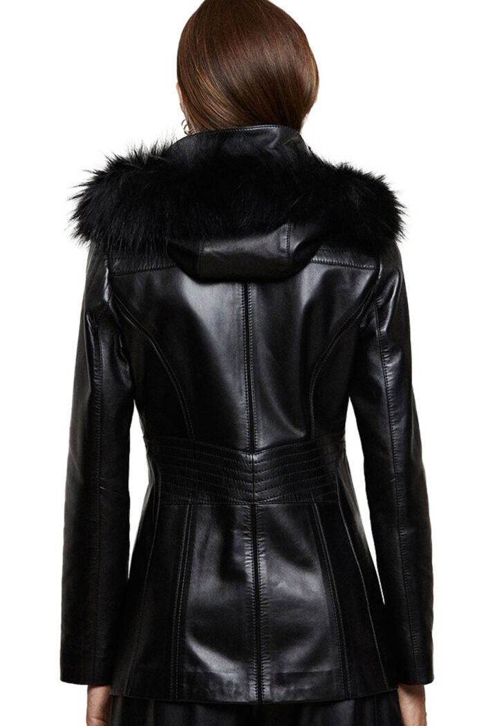 womens real black leather faux fur hooded coat rare leather 2