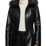 Women’s Real Black Leather Faux Fur Hooded Coat