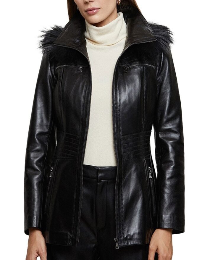 Women’s Real Black Leather Faux Fur Hooded Coat