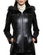 Women’s Real Black Leather Faux Fur Hooded Coat-Rare-Leather