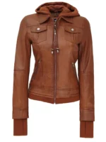 Women's Tan Wax Bomber Leather Jacket With Hood