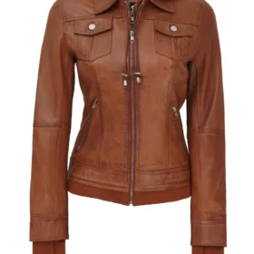 Womens Tan Wax Bomber Leather Jacket With Hood