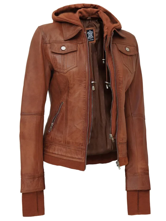 womens tan wax bomber leather jacket with hood rare leather 3