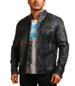 Distressed Men Black Motorcycle Leather Jacket