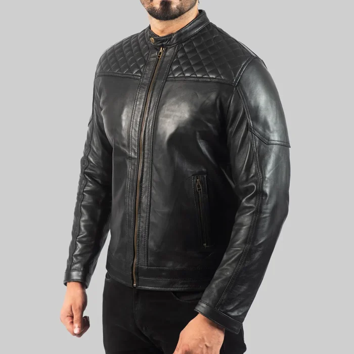 Tristan Mens Quilted Black Leather Biker Jacket 1