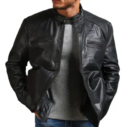 Garcia Mens Cafe Racer Black Leather Jacket