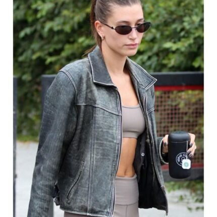 Hailey Bieber Black Distressed Leather Jacket