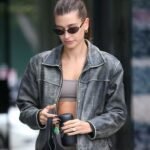 Hailey Bieber Black Distressed Leather Jacket