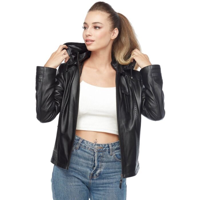 Arden Black Ladies Leather Jacket Hoodie Pose