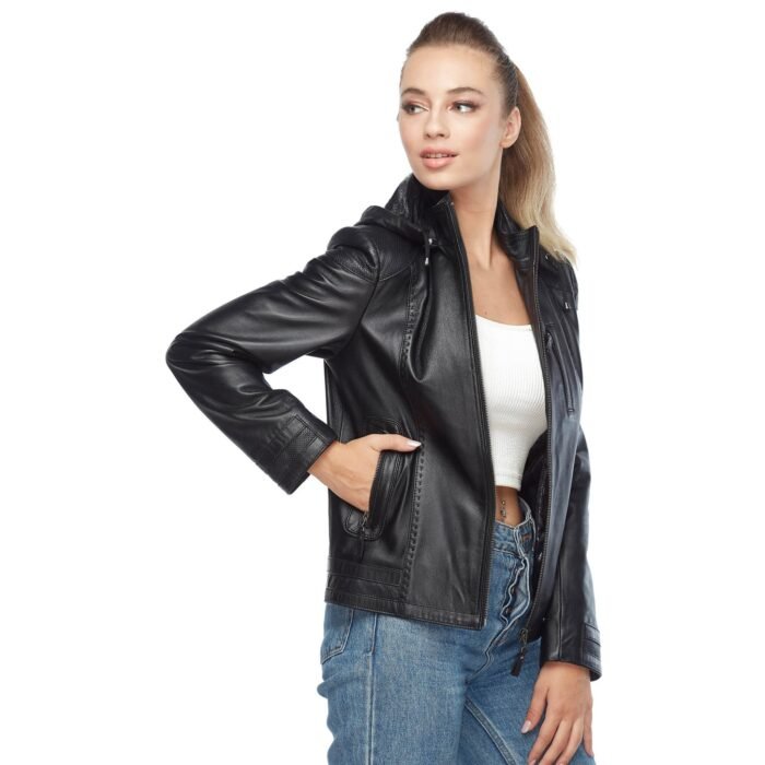 Arden Black Ladies Leather Jacket Hoodie Side