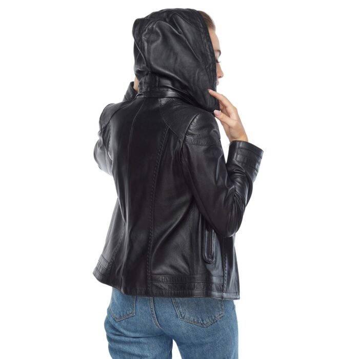 arden black ladies leather jacket with hoodie 2